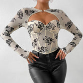 Kalista- Beige Sheer Mesh Floral Cut Out Top